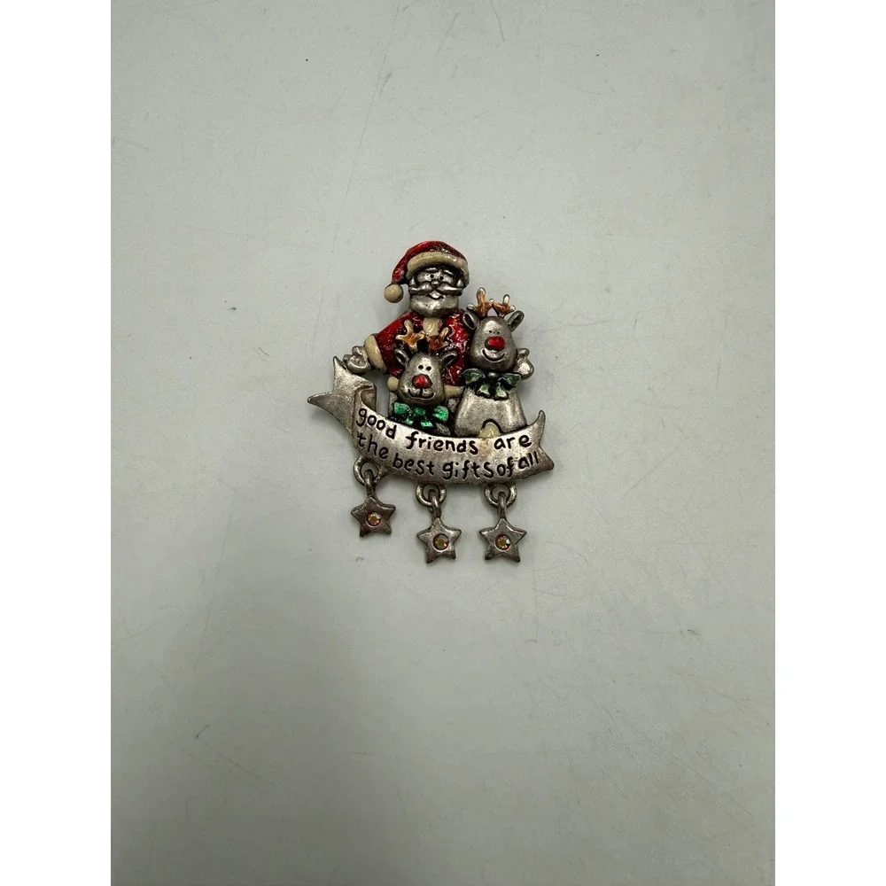 AJMC Santa Reindeer Christmas Brooch Pin Silver Tone Good Friends Banner Stars